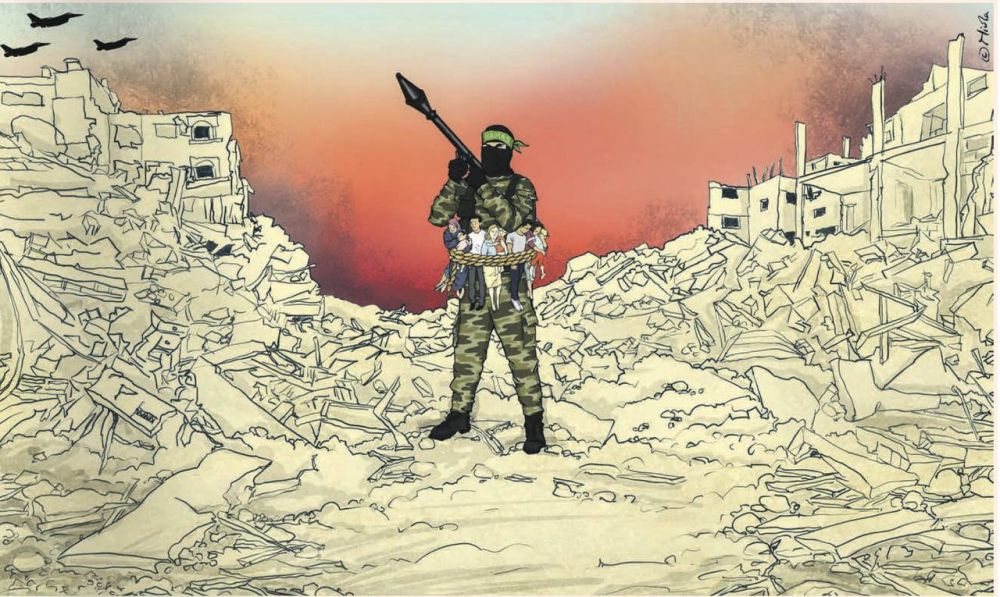 Владимир Корнилов: The Guardian рисует боевика Хамаса среди руин Газы, обмотавшего себя местными жителями как заложниками