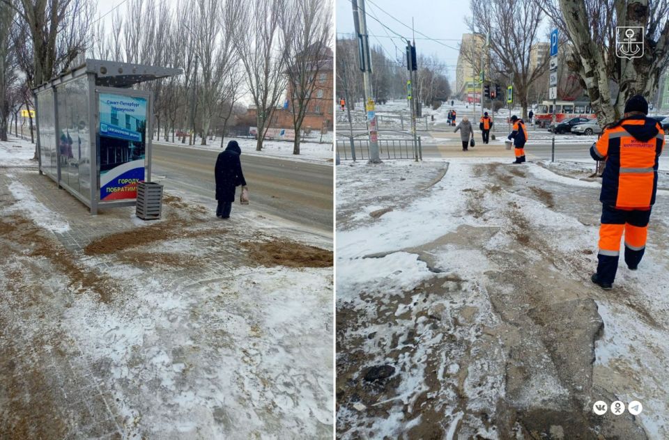 Мариупольские дорожники расчистили тротуары на проспекте Металлургов