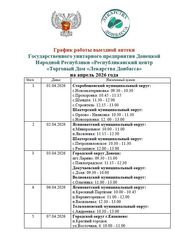 Минздравом ДНР утвержден график выезда автоаптеки на апрель в населенные пункты городских округов Донецк, Дебальцево, Горловка, Енакиево, Мариуполь, а также в Амвросиевский, Волновахский, Докучаевский, Мангушский...