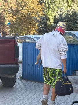 Мужчина с ведром от попкорна на голове гулял по Мариуполю с собакой